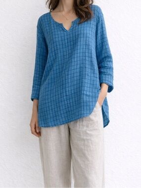 FLAX Blue Check 100% Linen Tunic Top Size M | Lagenlook Boho Oversized